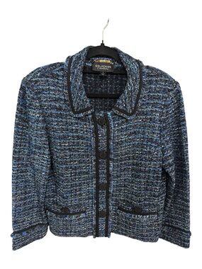 St. John Couture Blue Multi Tweed w Black Trim Jacket Sz 16 Like New